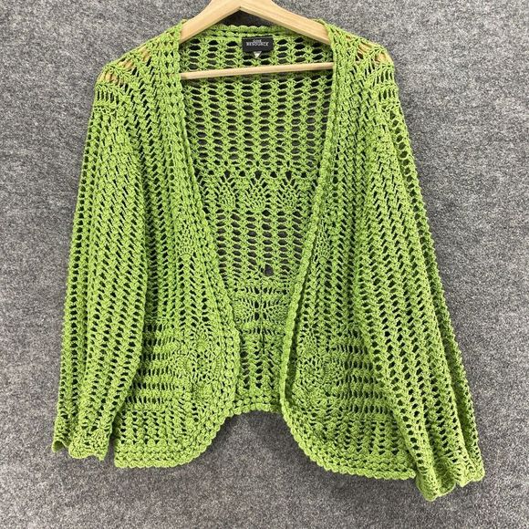 One Resource Top Women M Medium Green Crochet Open Front Long Sleeve Casual - Picture 1 of 9